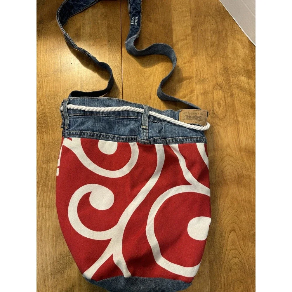 Handmade Crossbody Purse Tote Levis Lauren Denim jeans RED & White Swirl RARE